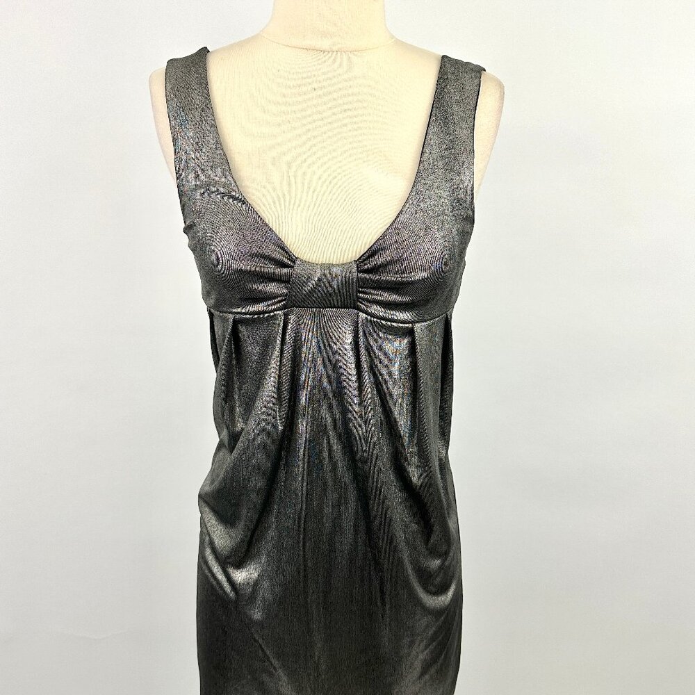 1990s Vintage Cocktail Dress | Forever | Silver | Metallic | sleeveless | Empire